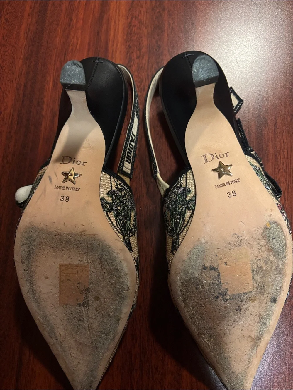 Dior Beige Embroidered Pointed Slingback Heels with Blue Floral Detail - Picture 6 of 6